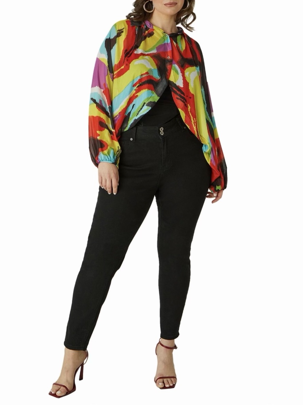 Colorful Abstract Print Button Collared Shrug Top - Picture 1 of 3